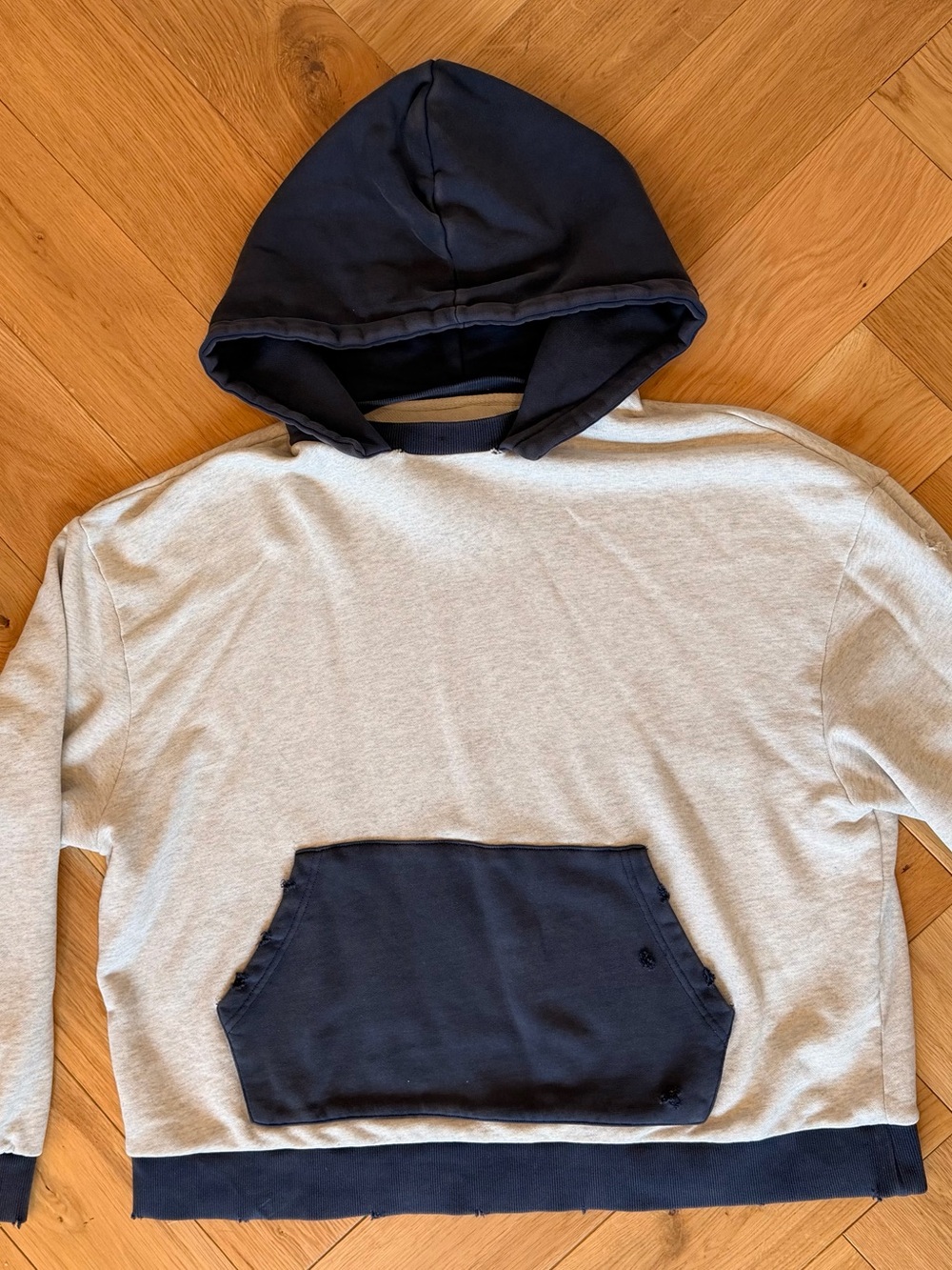 FOUND Distressed Two Tone Oversized Hoodie Navy Cream Sz M
